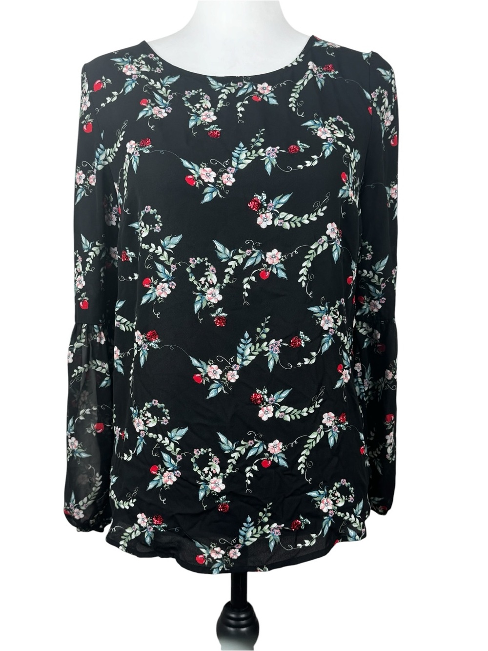 Disney x Lauren Conrad Black Snow White Red Apple Sequin Long Sleeve Blouse Top - Picture 5 of 10